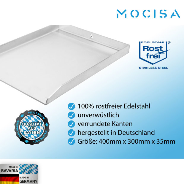 mocisa Universal Grillplatte | Plancha | BBQ-Wanne | Grillkorb | Made in Germany | Edelstahl | Massiv | hochwertig verarbeitet | 40cmx30cmx4mm